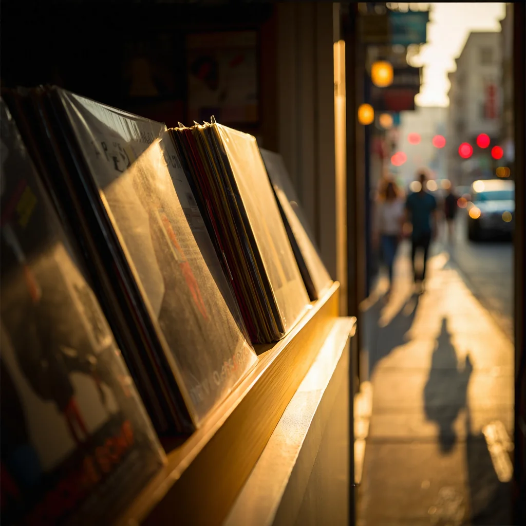 A close-up photograph of a sun-drenched windowsill in a vintage record store.  Dusty vinyl records lean against one another on the sill, bathed in warm, golden light.  The window looks out onto a bustling city street scene, with blurred pedestrians and traffic below. The image evokes a sense of nostalgia and the enduring allure of vinyl records.