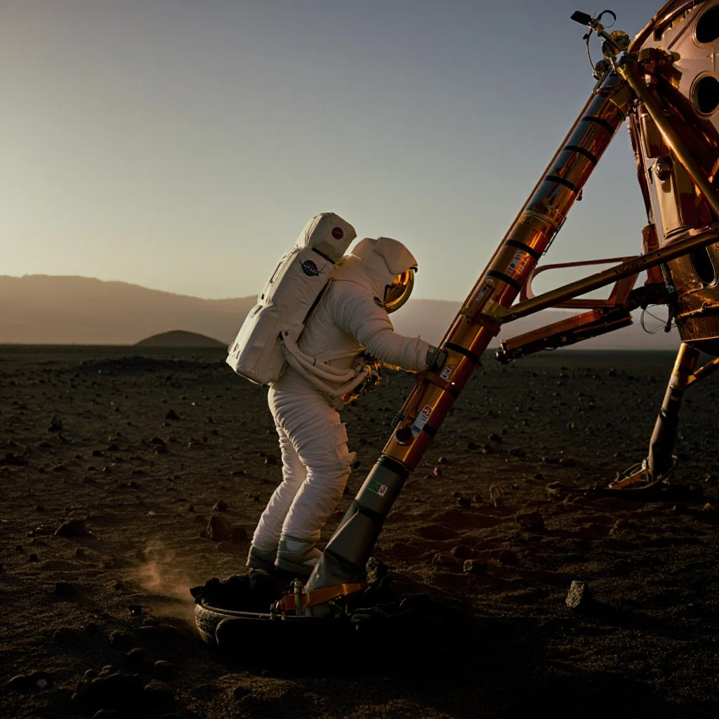 A grainy, high-contrast photograph depicts an astronaut in a white NASA spacesuit stepping onto the volcanic Martian landscape from a lunar lander's ladder. The astronaut's foot makes contact with the rocky, rust-colored terrain while the descent stage of the spacecraft remains visible in the background. The dusky Martian sky and Mars' crater-marked horizon stretches across the frame, with distant volcanic hills visible in the background. Small rocks and dust particles scatter around the astronaut's boot as it touches the ground. Vintage space photography with harsh lighting and visible film grain captured by a wide-angle lens showing the dusk lighting conditions on the Martian surface.