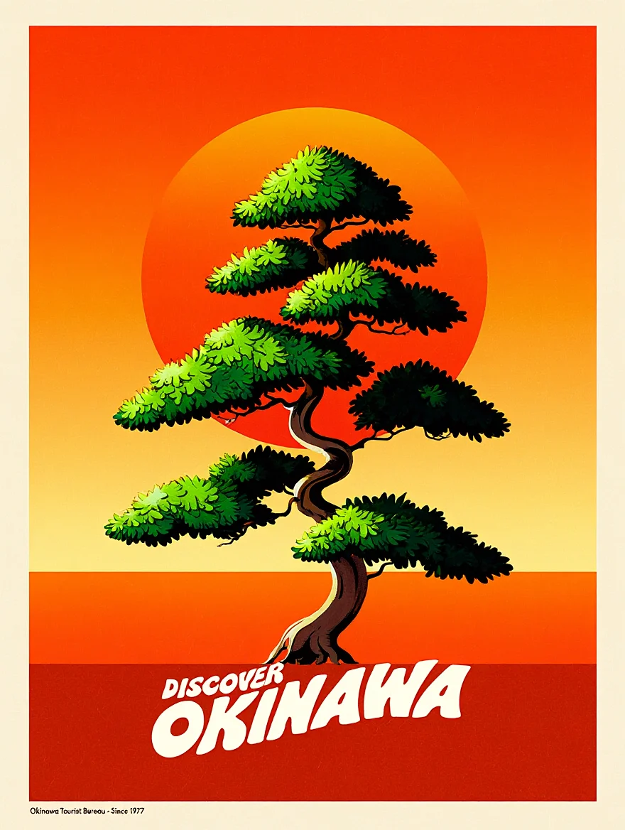 A vintage-style Japanese tourism poster for Okinawa, circa 1977, featuring a single, dramatically lit bonsai tree with lush green foliage against a minimalist sunrise gradient background of deep orange to pale yellow. The poster includes the text "DISCOVER OKINAWA" in bold English letters in a funky bold and swashlike font, and "Okinawa Tourist Bureau - Since 1977" at the bottom. The composition is enclosed within a thin red border on an off-white background, reflecting the bold, graphic design trends of the late 1970s.