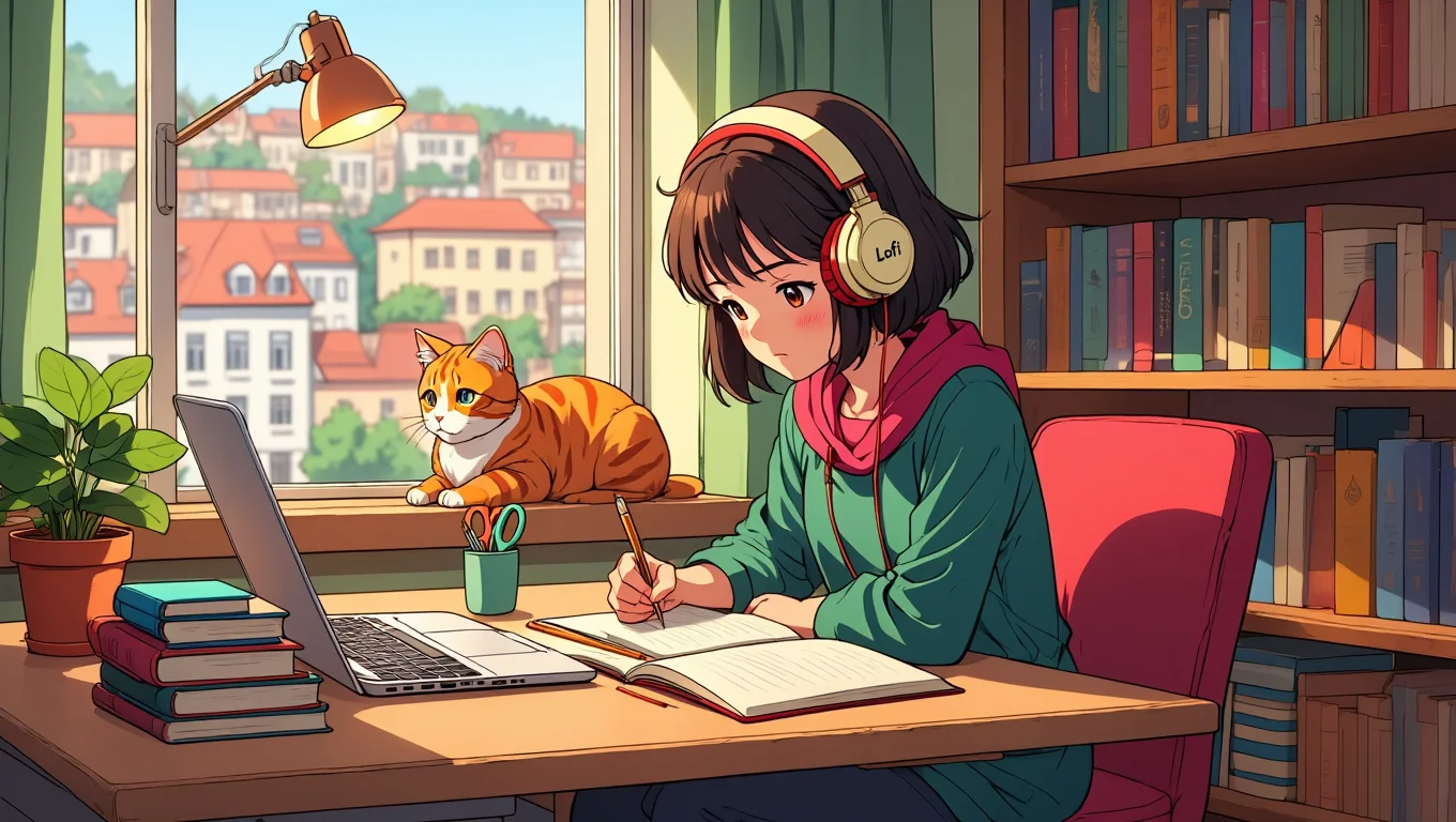 A digital illustration shows a young Asian woman with short dark hair in a bob cut with bangs sitting at a wooden desk beside a large rectangular window. She wears large cream and red headphones with text reading "Lofi" on the side, a dark green sweater with a bright pink collar or scarf visible underneath, and is focused on writing in an open notebook on her desk. The desk contains a silver laptop, multiple stacked hardcover books, a terracotta pot with a potted plant with round green leaves, and writing supplies including green-handled scissors in a pencil holder. An orange tabby cat with stripes is curled up on the wooden windowsill, facing toward the window which reveals a European-style hillside cityscape with pastel-colored buildings in pink, white, and terracotta against a clear blue sky. Wooden bookshelves mounted on the right wall are filled with colorful books of varying sizes, while a copper adjustable desk lamp is mounted on the wall above. A bright red desk chair sits at the desk. The illustration uses a warm color palette with soft lighting filtering through the window. Digital anime illustration with clean linework and soft shading in a cel-shaded style.
