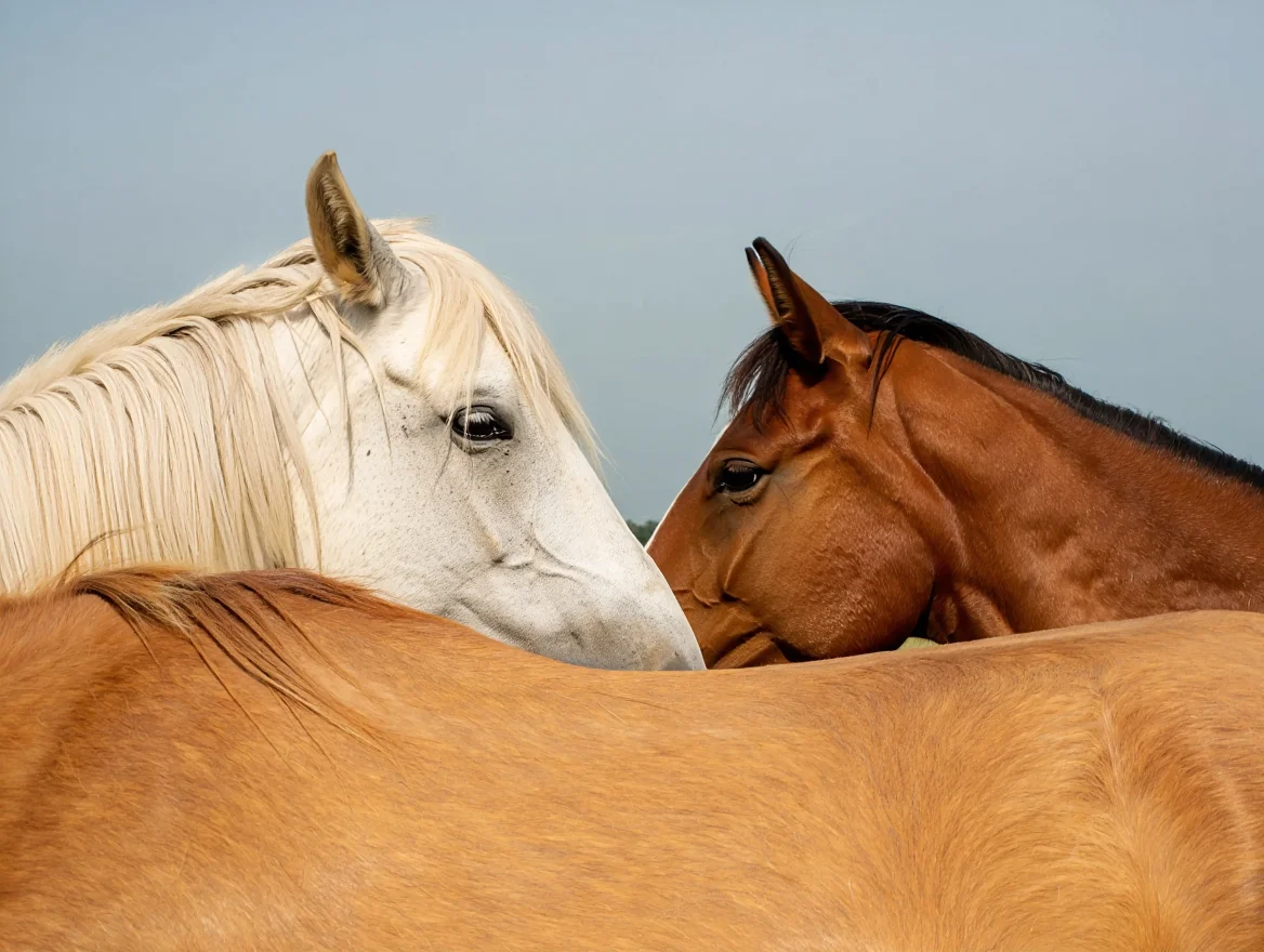 A close-up photographic image of three horses in an outdoor setting against a soft blue-gray sky. The composition features a white horse on the left with a flowing mane and distinctive black eye, shown in profile facing right. On the right is a chestnut or bay brown horse in profile facing left. Both horses' heads are prominently displayed in the upper portion of the frame. In the foreground, the back of a third horse with a palomino or light brown coat creates a natural boundary at the bottom of the image. The photograph has a slightly vintage quality with natural lighting, shallow depth of field, and a warm color palette dominated by whites, browns, and beiges. The balanced composition creates a sense of harmony between the three horses, capturing them in their natural environment during daylight hours.