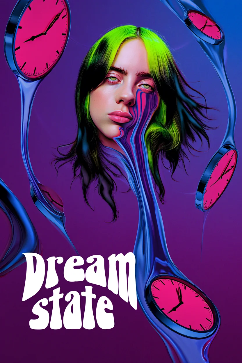 A surrealist concert poster features singer Billie Eilish's portrait floating in a distorted space. Her face appears doubled and mirrored, with neon green hair flowing upward against a deep purple background. Multiple floating clocks with blank faces of varying sizes melt and twist around her. Bold white text reading "Dream State" appears at the bottom of the poster in a wavy, psychedelic font characteristic of 1970s graphic design. The color palette includes saturated purples, electric blues, and acid greens, creating a distinctive 1970s aesthetic. Retro 1970s concert poster artwork with vibrant colors and surrealist distortions in high contrast.