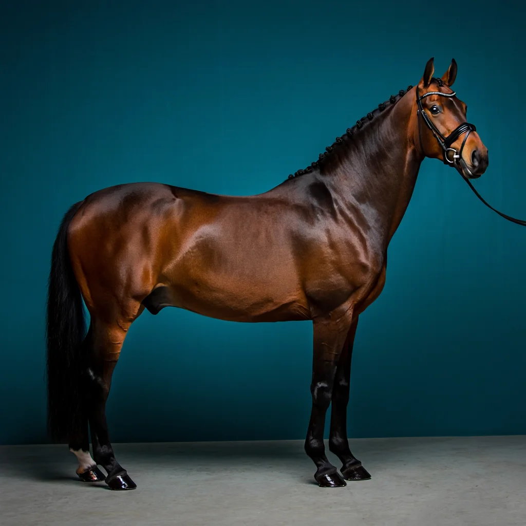 Professional studio photograph of a majestic bay horse captured in profile against a teal backdrop with a light gray floor. The horse exhibits perfect conformation, wearing a black English bridle with silver accents. The lighting is dramatic and side-directed, creating a bold shadow on the background. The horse's coat is a rich bay color with black points, featuring a meticulously braided mane and immaculately groomed coat that gleams under the studio lights. The composition is right-heavy, with the horse positioned in a proud stance that emphasizes its athletic build and elegant bearing.