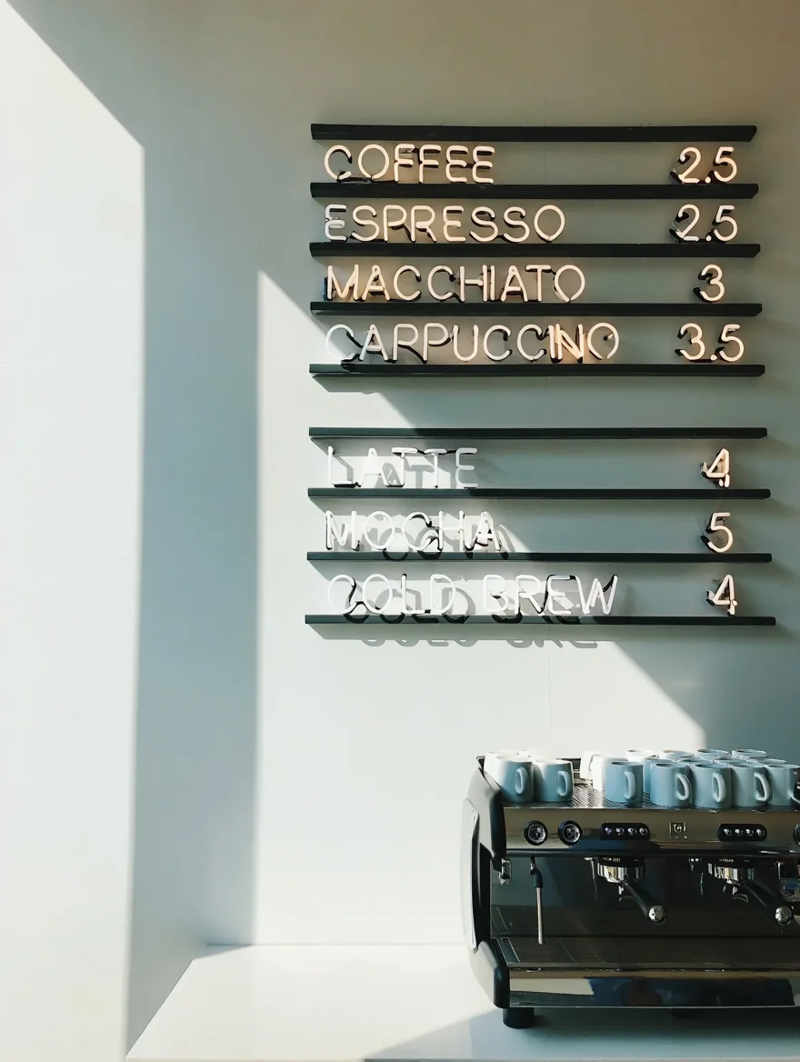 A sun-drenched minimalist coffee shop corner with a menu board of black metal grid panels displaying beverage options in white neon lettering: "COFFEE 2.5", "ESPRESSO 2.5", "MACCHIATO 3", "CAPPUCCINO 3.5", "LATTE 4", "MOCHA 5", "COLD BREW 4".  A sleek espresso machine and a row of ceramic coffee mugs rest on the white countertop below.