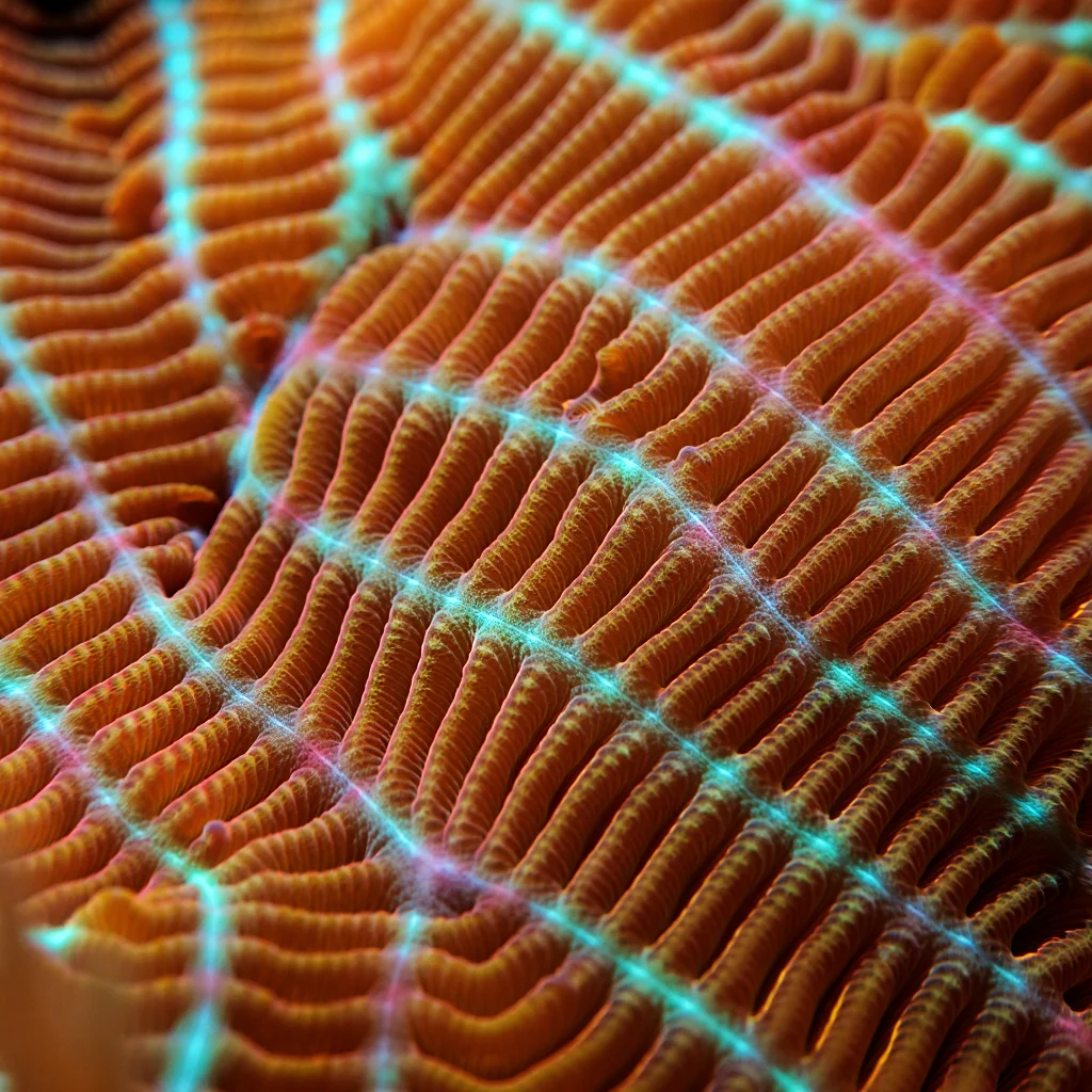 Extreme macro photograph of a living coral polyp displaying intricate parallel orange-brown ridges with iridescent turquoise and pink edges. The image captures the fine textural details of the coral's surface with exceptional clarity, revealing the uniform pleated structure characteristic of certain hard coral species. Shot with specialized underwater macro photography techniques, the image employs even, diffuse artificial lighting that illuminates the subject uniformly, highlighting the coral's natural fluorescence along the edges of each ridge. The shallow depth of field keeps the primary ridges in sharp focus while creating subtle transitions in clarity throughout the frame. The warm color palette features predominant orange and coral tones accented by vibrant turquoise and pink iridescent highlights that shimmer along the contours of the coral tissue, indicating healthy coral containing symbiotic algae.