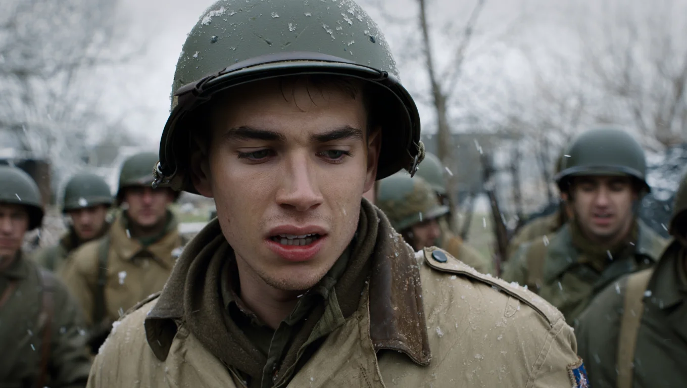 A cinematic close-up of a young white male soldier in World War II era combat gear, standing in harsh winter conditions with snow falling around him. The soldier wears an olive green military helmet with snow accumulation on its rim and a weathered tan winter combat coat with visible moisture on the shoulders. His expression is tense and concerned, with slightly parted lips as if speaking or breathing heavily, while his gaze is directed slightly downward and to the side. The background reveals other helmeted soldiers positioned behind him, creating depth in the battlefield scene. Bare winter trees are visible in the distance against an overcast sky. The image features natural front lighting with a shallow depth of field that keeps the subject in sharp focus while slightly blurring the background elements. The color palette is deliberately desaturated with muted greens, grays, and browns that emphasize the grim reality of winter warfare. Close-up portrait photography with shallow depth of field and natural front lighting in desaturated colors.