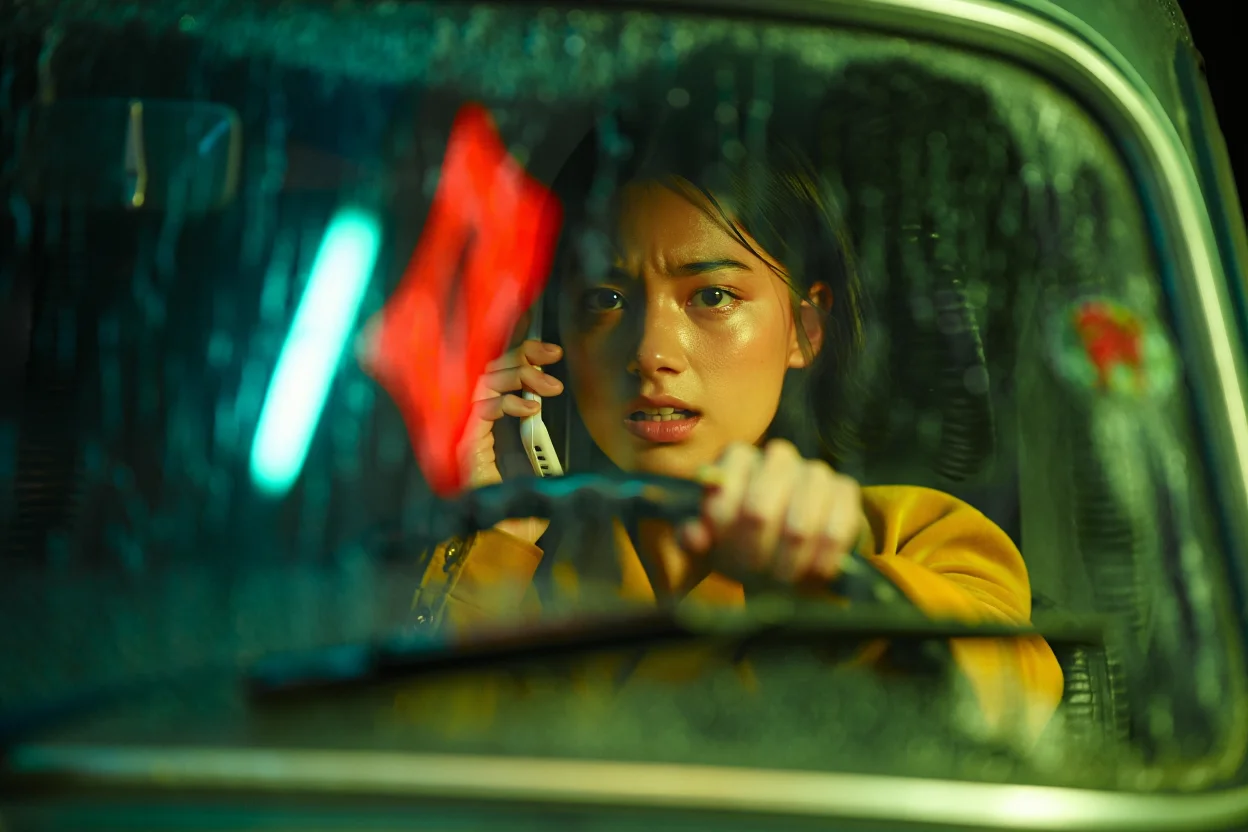 A tense close-up shot through a rain-streaked windshield, reflecting neon signs, of a young woman gripping the steering wheel. Her face is partially illuminated by the phone in her other hand, her expression a mix of determination and fear. Film grain, gritty, cyberpunk aesthetic.