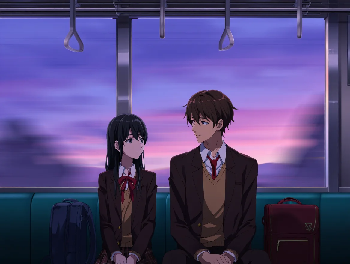 A wide shot of two anime high school students, a girl with long black hair and a boy with messy brown hair, gazing out the window of a moving train car. They wear brown school uniforms with red ties and their backpacks rest on the teal seats beside them. The evening sky beyond the window is awash in vibrant hues of purple and pink, reflecting in the melancholic expressions on their faces. The train car is bathed in soft, cool light, hinting at the unspoken emotions of the scene.