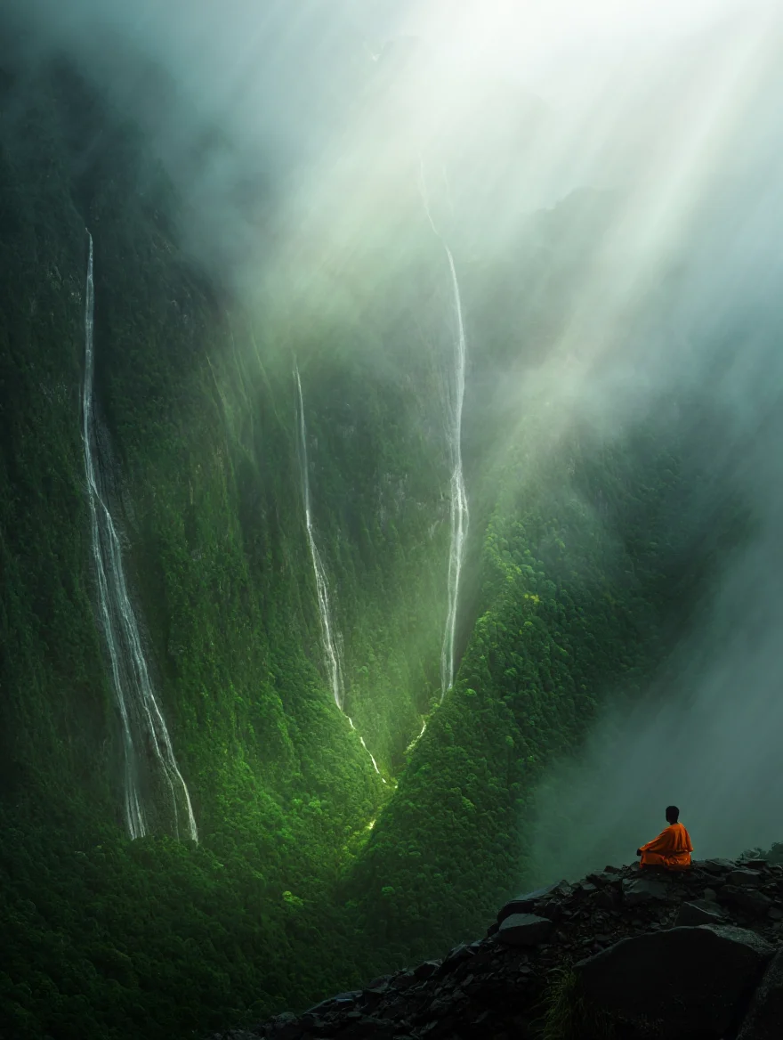 A dramatic digital painting of a hidden valley in the Himalayas, shrouded in mist and illuminated by shafts of light.  Towering waterfalls cascade down the verdant cliffs, their bases lost in the clouds below. A lone figure meditates on a rocky outcrop, a splash of orange robes against the green, their silhouette a testament to the immense scale of the environment.