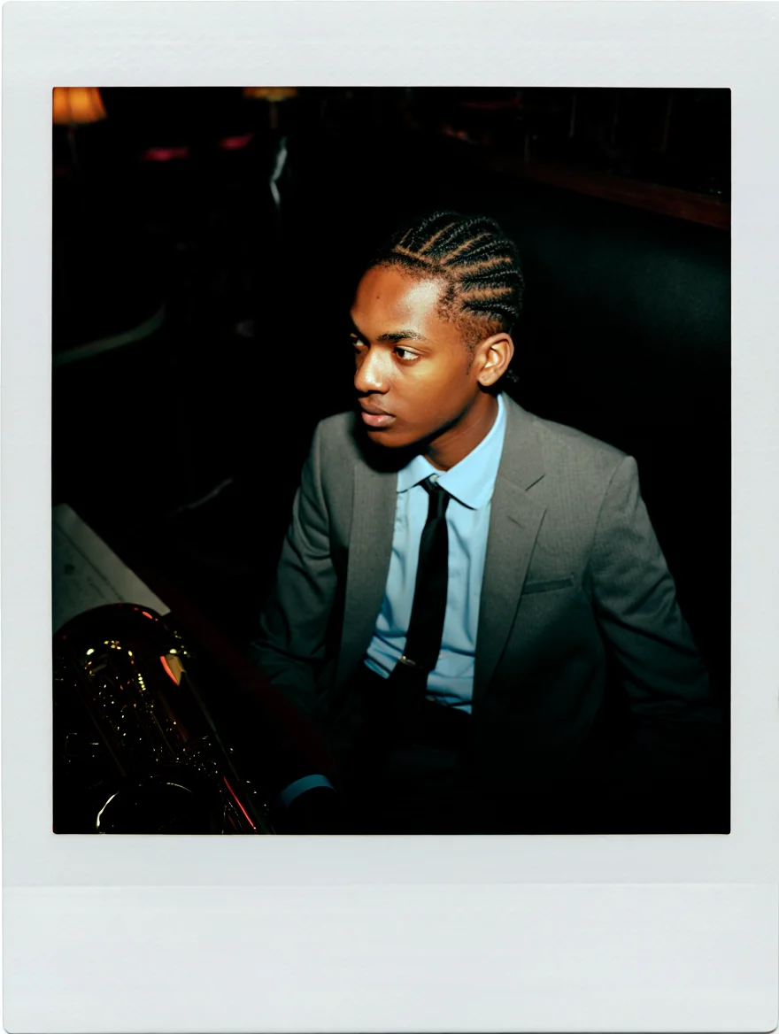 A vintage Polaroid snapshot of a young Black man in his early twenties, sporting a sharp, multi-pointed hairstyle. Dressed in a crisp grey suit jacket, light blue shirt, and dark tie, he sits at a dimly lit jazz club, a saxophone case resting beside him. The low-key lighting creates a moody ambiance, highlighting the contrast between his modern hairstyle and timeless attire as he gazes pensively off-camera.