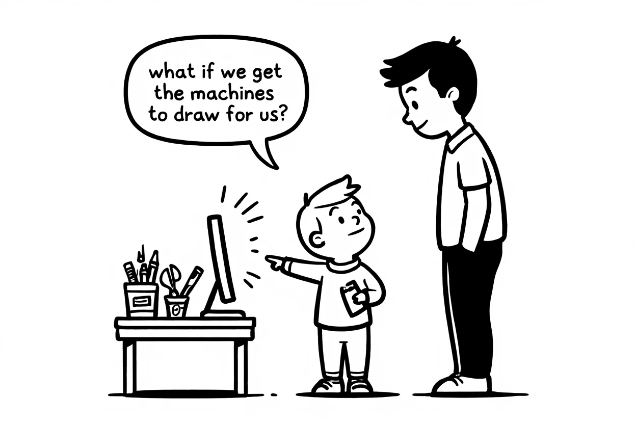 A black and white cartoon illustration depicts a curious young boy pointing at a computer screen while looking up at his father. The boy's speech bubble contains the text "what if we get the machines to draw for us?". In the opposite corner of the scene, a wooden table holds scattered crayons, colored paper, scissors, and art supplies, appearing untouched and neglected. The father stands beside the boy, wearing casual clothing and looking down at his son.  Black and white cartoon illustration with clean linework and simple shading.