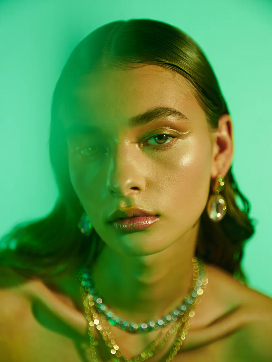 A close-up beauty shot for Vogue Italia, featuring a model with luminous skin adorned with layered gold and emerald jewelry. She gazes directly at the camera with an enigmatic expression, the image awash in a soft, diffused emerald green light that casts an ethereal glow. Her hair, styled in sleek waves, partially obscures her face, creating a sense of mystery. The jewelry, a blend of modern and antique pieces, reflects the green light, adding depth and intrigue to the composition.