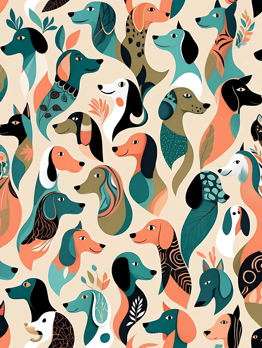 A contemporary digital illustration featuring 40 stylized dog heads with long necks intertwined against a cream background. Each dog head is uniquely designed with different patterns including geometric shapes, abstract patterns, and floral elements. The color palette uses shades of teal, peach, black, white, and muted gold. The dogs have minimalist facial features, primarily consisting of simple eyes and noses. The composition emphasizes the curves and negative space, creating an elegant and artistic design suitable for a scarf print.
