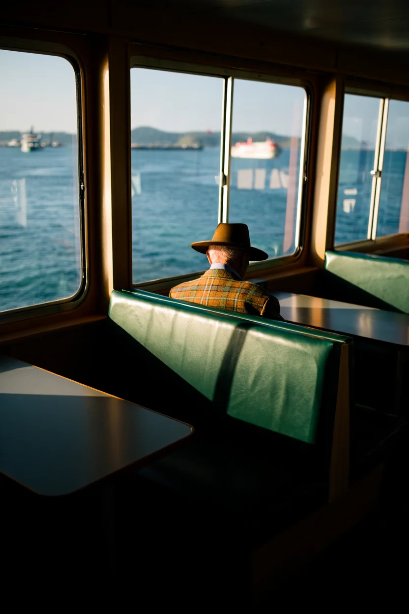 A cinematic scene captured inside a passenger ferry shows an elderly man sitting alone in a dark green leather booth, facing away from the camera. The man wears a wide-brimmed hat and a plaid jacket that extends above the booth's backrest. Large windows line the ferry's walls, revealing calm waters, distant shorelines, and various boats and ferries on the horizon. Natural sunlight streams through the windows, creating dramatic shadows across the dark green leather benches and interior walls. The color scheme consists of deep blues from the water, forest greens from the leather upholstery, and warm golden highlights from the sunlight. Film photography with natural lighting and muted color grading shot from a wide angle with selective focus.