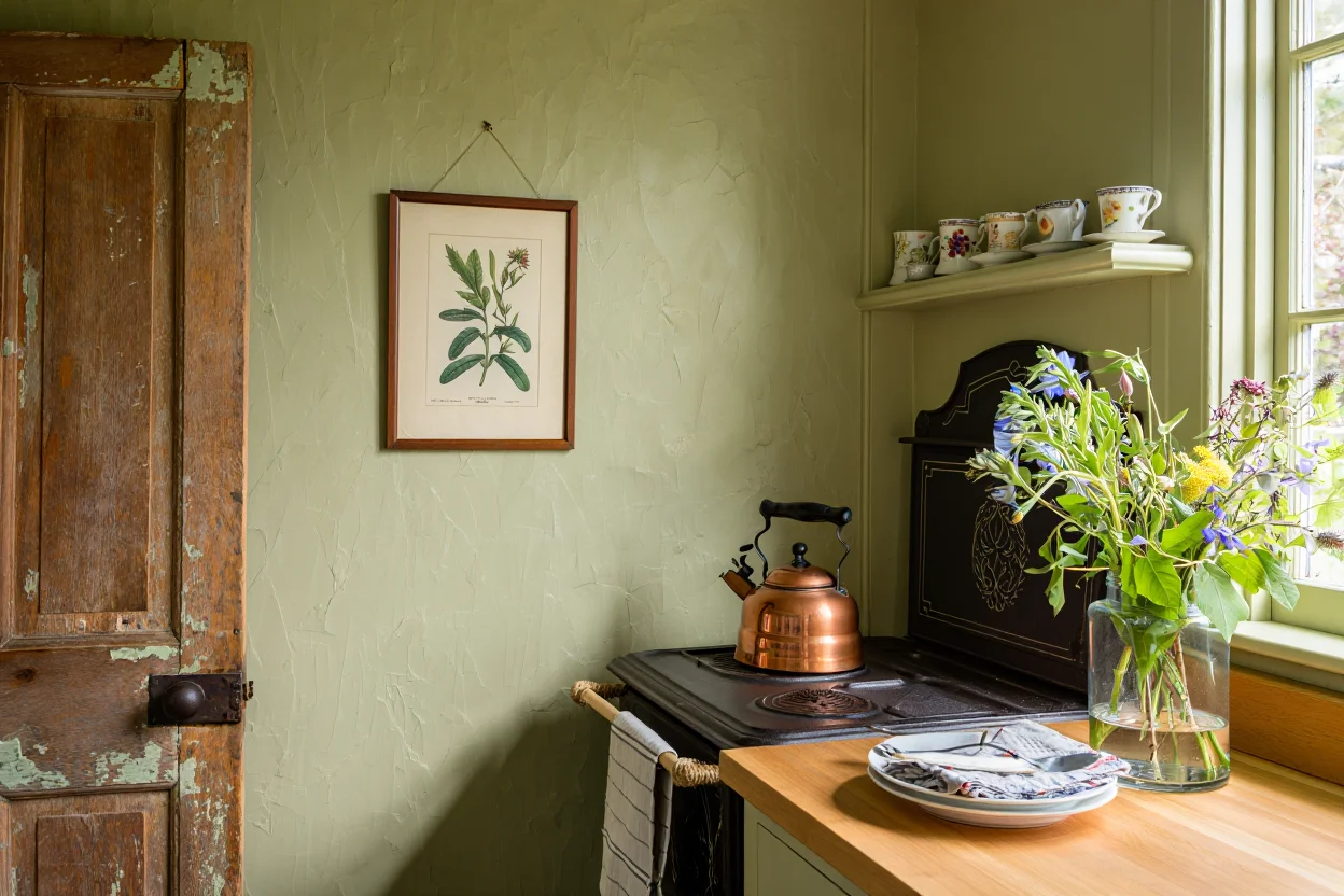 Sun-drenched corner of a vintage-inspired kitchen featuring a distressed wooden door tucked under a floating shelf displaying a collection of antique teacups. A framed botanical print hangs on a pale green textured wall above a vintage cast iron stove with ornate detailing. A butcher block countertop is adorned with a copper tea kettle, a stack of linen tea towels, and a vase filled with freshly cut wildflowers. Warm, natural light streams through the window, highlighting the patina of the wood and the textures of the vintage elements.  Interior photography with soft, diffused lighting and a focus on natural textures and patina.