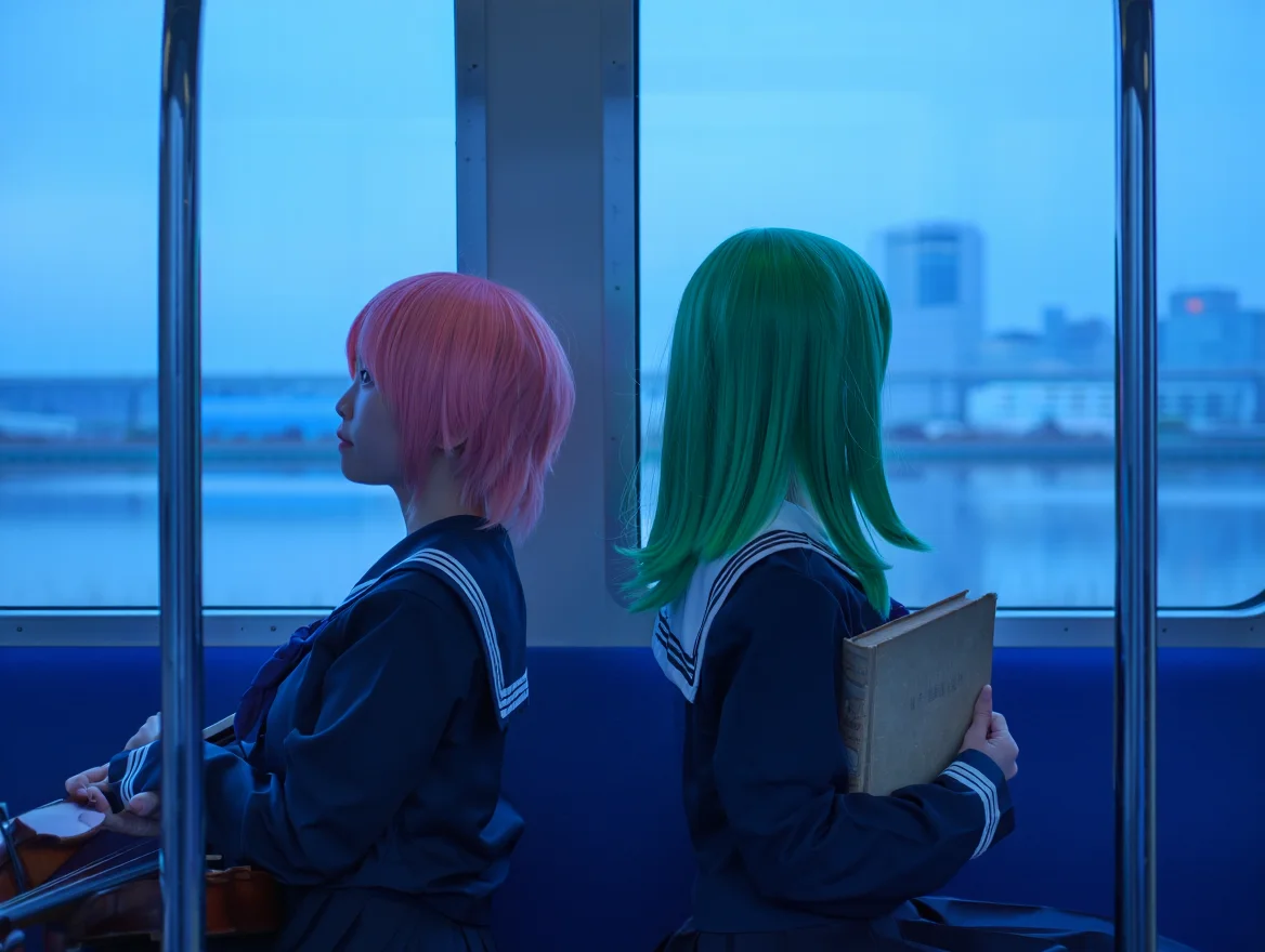 A medium shot inside a train car illuminated by the soft blue hues of early twilight.  Two young women in navy blue sailor uniforms, one with short pink hair and the other with long flowing green hair, gaze thoughtfully out separate windows at the city skyline rushing past. One clutches a violin case, the other a worn paperback novel.  The atmosphere is peaceful, hinting at the quiet anxieties of adolescence.