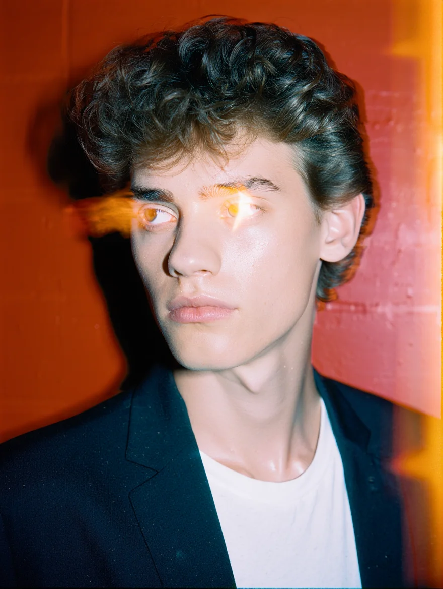 A portrait showcasing 1980s fashion, with noticeable film grain, muted colors, and soft focus. The flash reflects off the subject's eyes, creating a dreamy look. The edges of the image fade into warm orange and pink light leaks, hinting at a cherished memory.