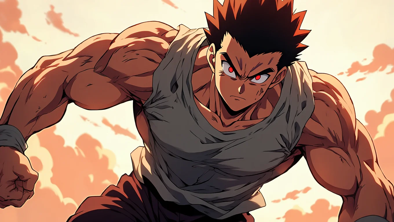 A dynamic anime-style digital artwork depicting a powerful male fighter character in a combat-ready pose, viewed from a dramatic low angle. The character has an extremely muscular physique, spiky dark hair, and intimidating glowing red eyes, wearing a gray sleeveless tank top. The scene is set against a warm sky with peachy clouds, creating a dramatic backlit effect that emphasizes the character's imposing presence. The artwork employs classic anime styling with bold linework, dramatic shading, and dynamic action poses typical of fighting game or action anime aesthetics.
