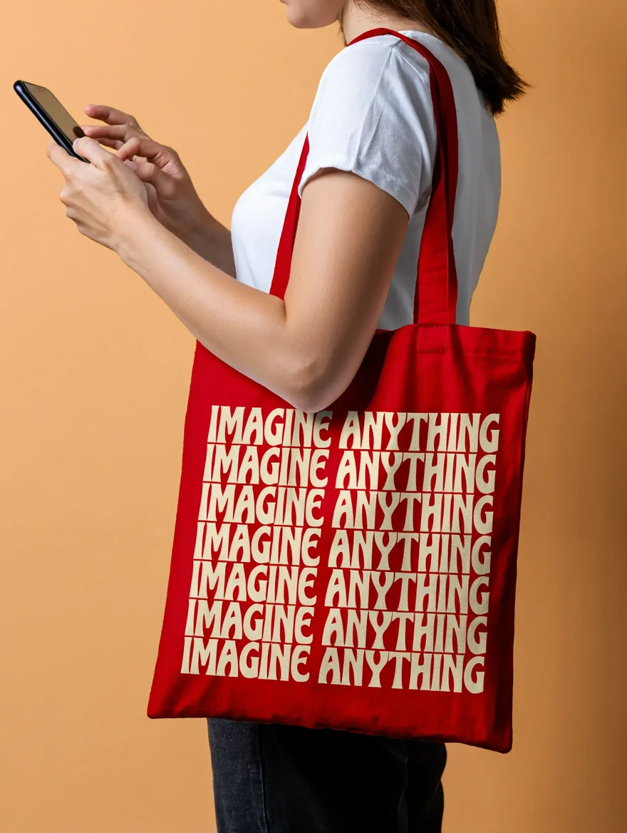 A cropped photograph of a light-skinned adult standing against a warm peachy-orange background. The person wears a simple white short-sleeved t-shirt and dark pants, with their face not visible in the frame. They are holding a black smartphone in their right hand, actively using it with their thumb positioned on the screen. The most prominent element is a vibrant red canvas tote bag hanging from their shoulder, featuring the text "IMAGINE ANYTHING" repeated multiple times in cream-colored 70s retro swash capital letters. The text creates a distinctive pattern as it progressively becomes more truncated toward the bottom of the bag, with horizontal sections of the letters intentionally removed. The image is shot in a medium close-up with even, diffuse artificial lighting that creates a warm atmosphere, emphasizing the contemporary fashion accessory against the minimalist interior setting. Medium close-up photography with soft artificial lighting and neutral color temperature.