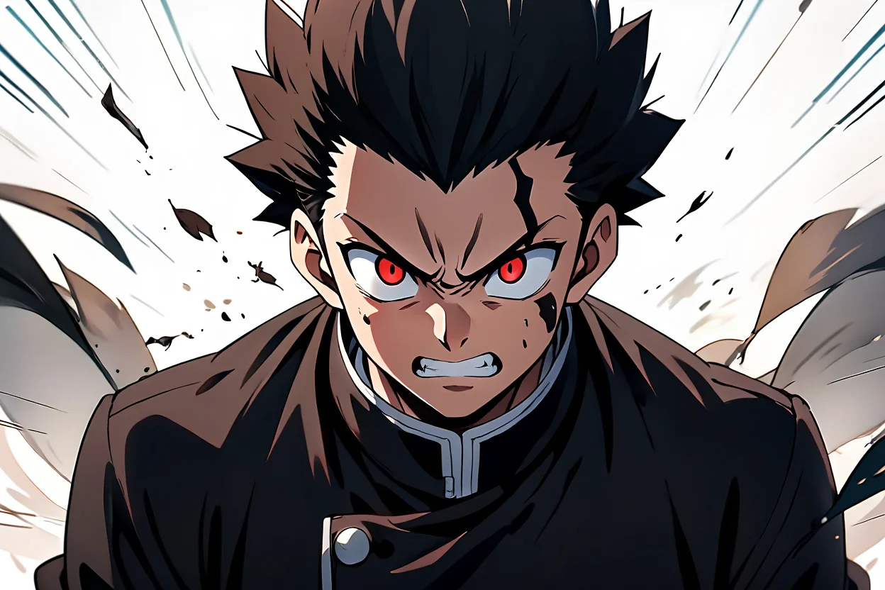 An angry anime character with spiky black hair, red glowing eyes, and sharp facial features stands against a bright motion-streaked background. The character wears a black high-collared coat with silver buttons and ornate patterns along the edges. Their mouth is twisted into a snarl, revealing pointed teeth, while their eyebrows are furrowed deeply. Dynamic shadows cast across their face enhance their menacing expression. Digital anime artwork with bold linework and dramatic action lighting against a light background with motion blur lines indicating action