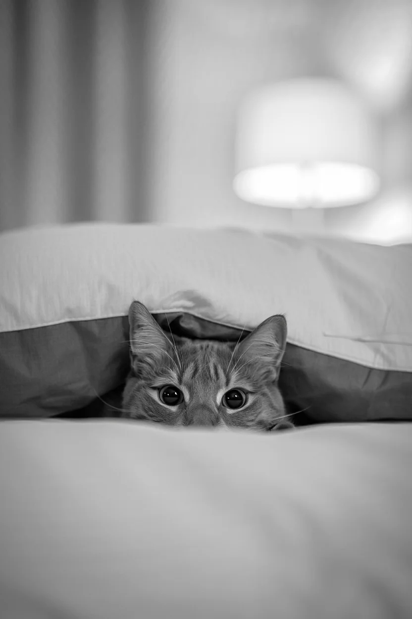 A curious cat's face peering over the edge of a bed, shot from beneath the covers. The cat's eyes are wide and bright, and its whiskers brush the camera lens. The background reveals the underside of a cozy duvet and the faint glow of a bedside lamp.