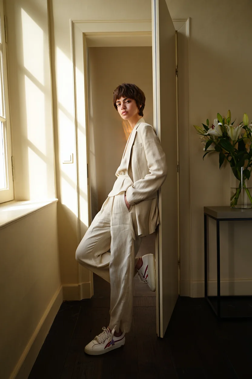 A fashion photograph in a sun-drenched minimalist apartment hallway featuring a woman with a pixie cut wearing an oversized cream-colored linen suit. The image is shot from a low angle with sunlight streaming through a window, creating dramatic shadows. The subject leans against the doorway with one leg crossed over the other. A sleek, modern console table with a vase of lilies sits against the wall. The composition uses a medium shot, emphasizing the contrast between the subject's attire and the clean lines of the space.