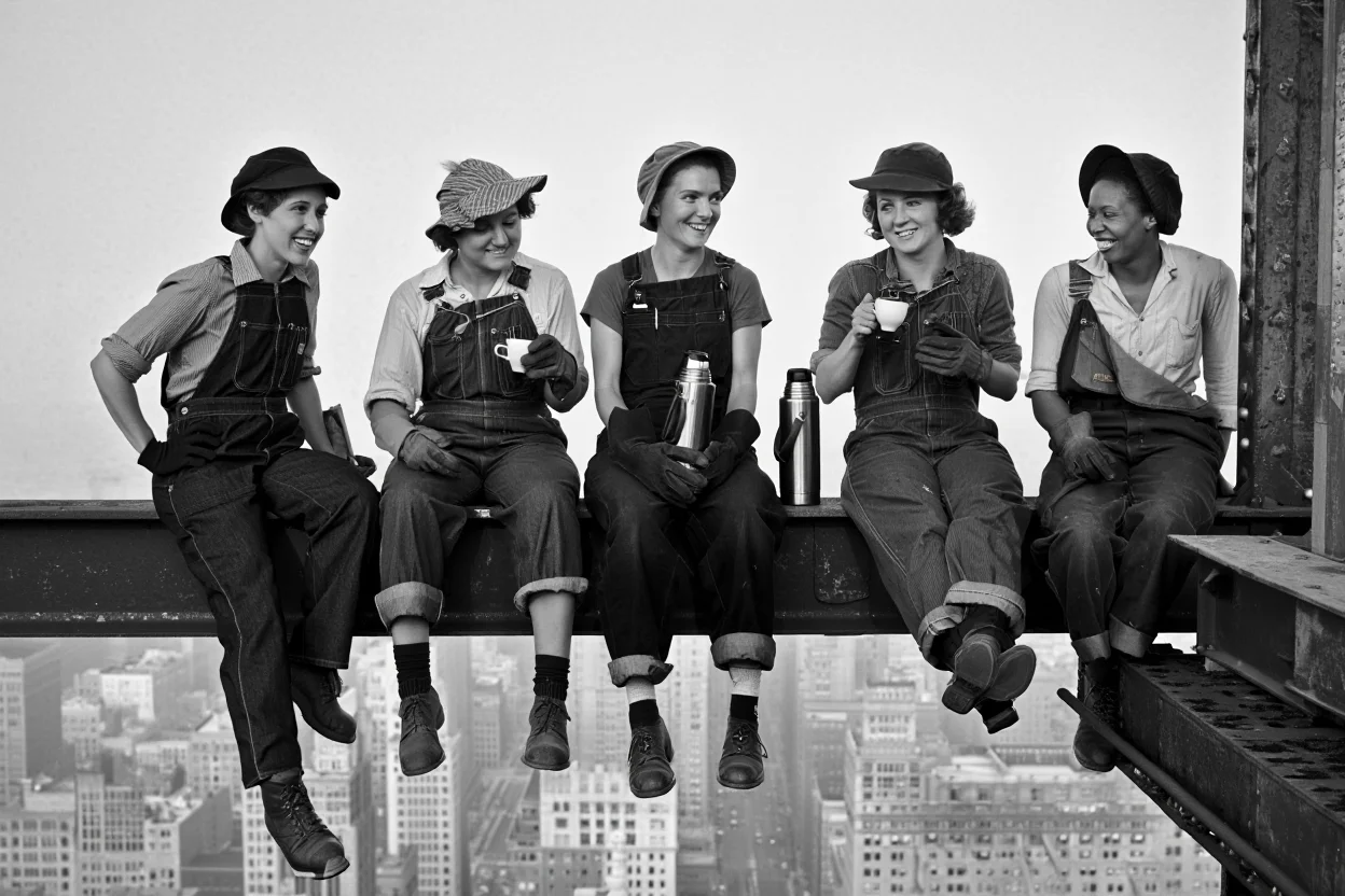 Five female riveters perched on a narrow steel beam hundreds of feet above the bustling streets of 1930s Chicago.  Wearing their standard workwear of denim overalls and leather gloves, the women take a break from their work on the construction of the first skyscraper, enjoying coffee from metal thermoses and sharing a laugh. The grayscale image, reminiscent of Depression-era photography, showcases their camaraderie and fearlessness against the backdrop of a rapidly modernizing city.