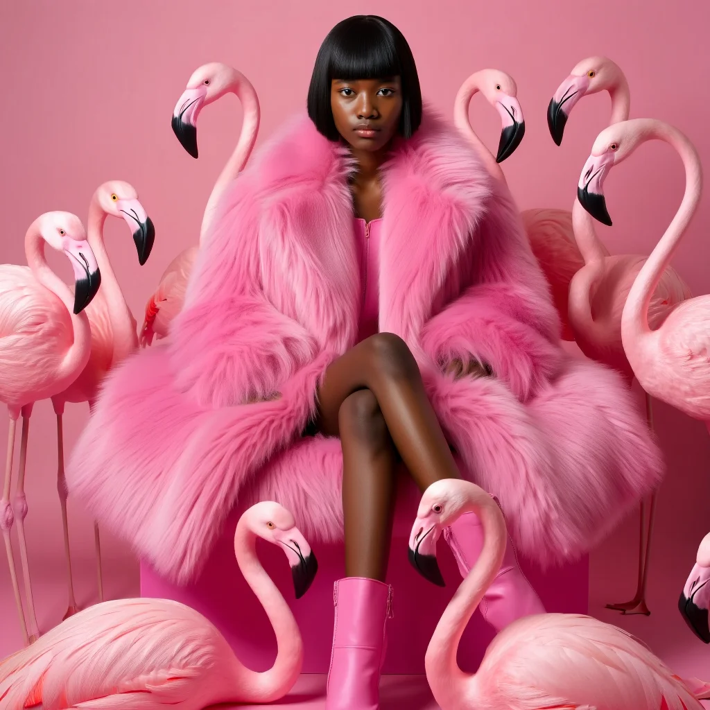 A high-fashion editorial photograph featuring a young female model with dark skin and a sharp black bob haircut, positioned centrally against a pink seamless backdrop. She wears an oversized, fluffy pink faux fur coat over a pink bodysuit and matching pink boots. 10 life-sized pink flamingo props with realistic features surround her, creating a surreal and monochromatic composition. The image is lit with front-facing studio lighting that emphasizes the luxurious textures and maintains the all-pink color scheme.