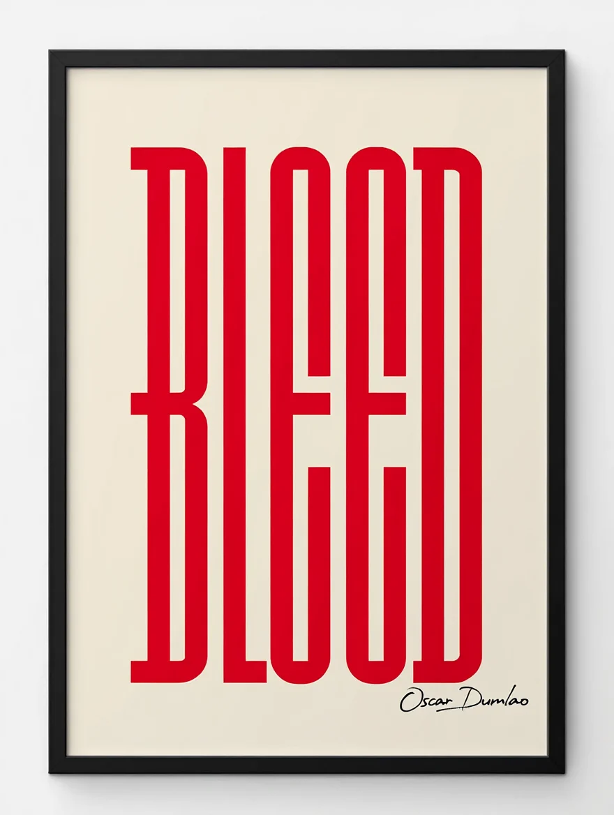 A striking typographic poster design displays the word "BLEED" in bold, elongated red geometric letterforms against a cream background. The typography spans the entire height of the composition, with each letter stretching vertically to create a powerful presence. A small handwritten text reading "Oscar Dumlao" appears in black ink in the lower right corner. The entire design is contained within a matte black rectangular frame with clean, minimalist lines, creating a stark contrast that emphasizes the two-color scheme of the typography-focused composition. Modernist graphic design photography with sharp focus and balanced composition against a light neutral background.