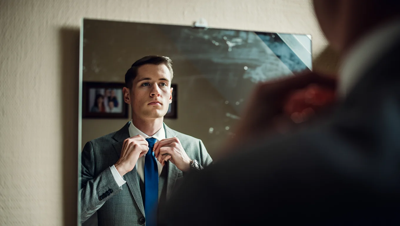 A cinematic medium close-up photograph captures a young man in his early twenties standing before a worn wall mirror in a residential interior. He wears a tailored grey suit jacket with a white dress shirt and is in the process of adjusting a royal blue tie. The image features dramatic side lighting with a desaturated color palette, creating moody atmosphere. The shallow depth of field focuses attention on his concentrated expression while a framed family photograph hangs in the soft-focused background on the beige wall.