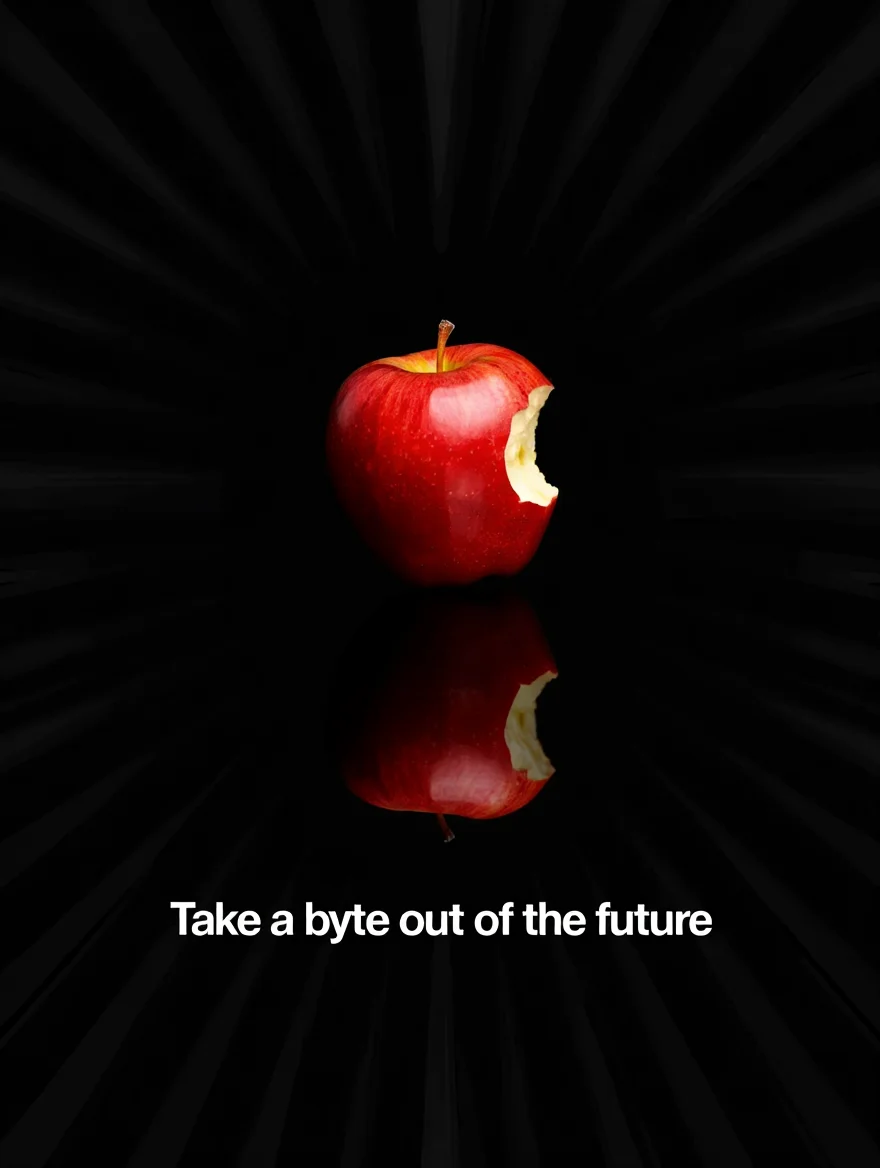 A 1977 Apple Computer magazine spread featuring a single red apple with a single bite taken out of it, set against a black background with a subtle radial gradient.  The tagline "Take a byte out of the future" is written in white Helvetica font, positioned below the apple. The image evokes a sense of mystery, intrigue, and the cutting edge of technology.
