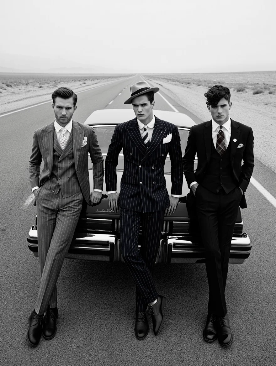 A black and white fashion photograph depicting three men in vintage-inspired three-piece suits, leaning against a vintage car on a desolate desert highway. The stark monochrome image, with its dramatic shadows and infinite horizon, emphasizes the timeless elegance of their attire: a pinstriped charcoal suit, a chalk-striped navy suit, and a classic black three-piece, each impeccably tailored and accessorized with fedoras and pocket squares. The low camera angle adds to their imposing presence against the vast emptiness of the landscape.