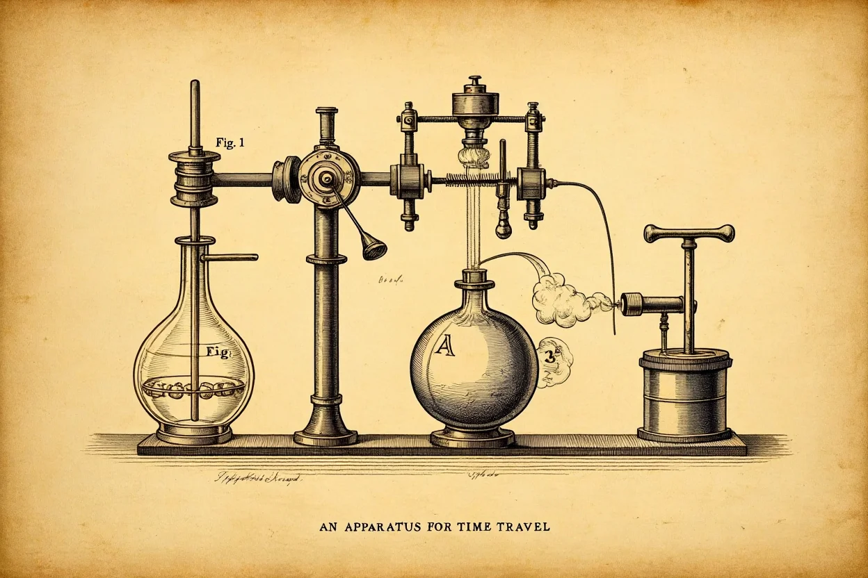 A historical scientific illustration titled "An Apparatus For Time Travel" presents an 18th or early 19th century experimental apparatus for physics or chemistry research. The technical drawing, rendered in black ink on aged yellowish paper using traditional engraving techniques, employs fine hatching for dimension. The main apparatus, labeled as "Fig. 1", features a horizontal beam supported by vertical posts with various mechanical components. A spherical vessel marked "A" sits on the right side, possibly serving as a vacuum or pressure chamber. The illustration includes a cylindrical instrument with a T-shaped handle on the far right, and a glass vessel labeled "Fig. 2" containing a rod and ring of objects shown in cross-section. A small cloud-like formation near connection point "B" suggests vapor or gas release during operation. The sepia-toned drawing employs balanced composition with precise linework to demonstrate the scientific equipment's construction and function, characteristic of technical illustrations from scientific publications of the period. Technical engraving illustration with fine black linework and hatching on aged paper.