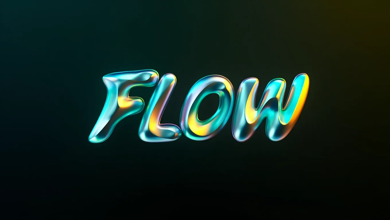 A 3D typographic design showcases the word "FLOW" rendered in sleek, reflective chrome with iridescent edge lighting shifting between teal and gold hues. The letters are crafted from smooth, aerodynamic forms casting soft reflections and emanating a subtle glow against a dark gradient background transitioning from deep emerald at the top to midnight black at the bottom. The composition centers the illuminated text within the frame, leaving ample negative space around the edges. Each letter has rounded edges with shimmering iridescent highlights accentuating the fluidity of the forms. Three-dimensional digital render with ethereal lighting and high contrast against a dark background.