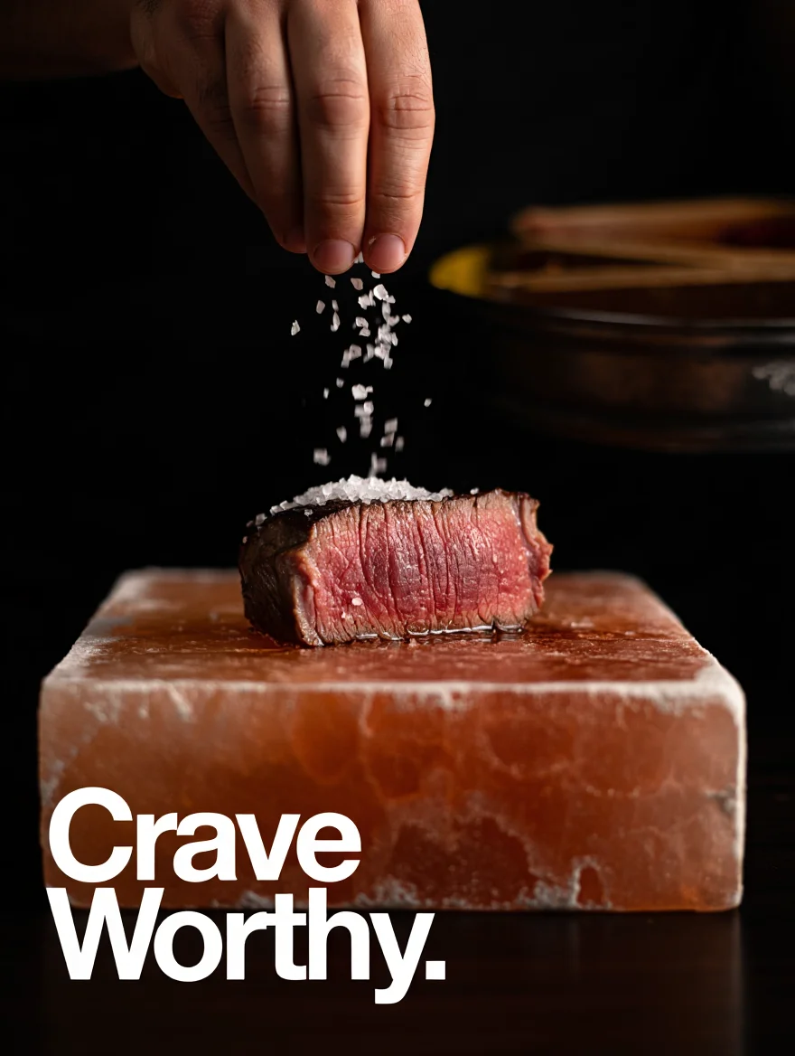A sizzling medium-rare steak, glistening with juices, rests on a Himalayan salt block. A hand reaches in to sprinkle coarse salt crystals over the steak. Bold white sans-serif text at the bottom proclaims "Crave Worthy." The scene is lit dramatically with chiaroscuro lighting, highlighting the texture of the meat and the salt.