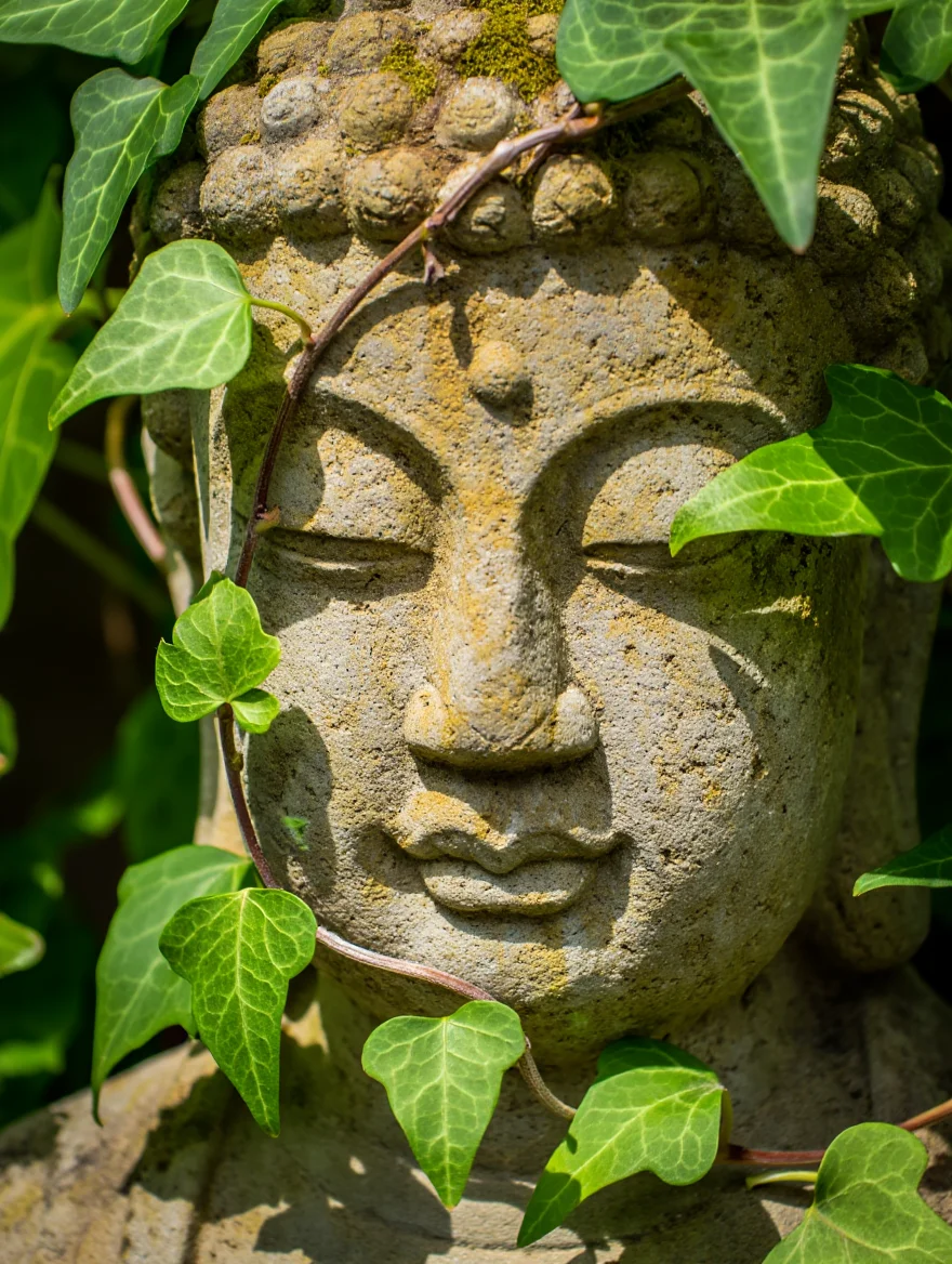 Sunlight filters through the leaves of a climbing ivy plant, casting intricate shadows across the weathered face of a moss-covered stone Buddha.  The statue's serene expression is partially obscured by delicate vines and lush green leaves, highlighting the texture of the ancient, eroded stone. Macro photography with a shallow depth of field emphasizes the contrast between the smooth leaves and the rough stone.