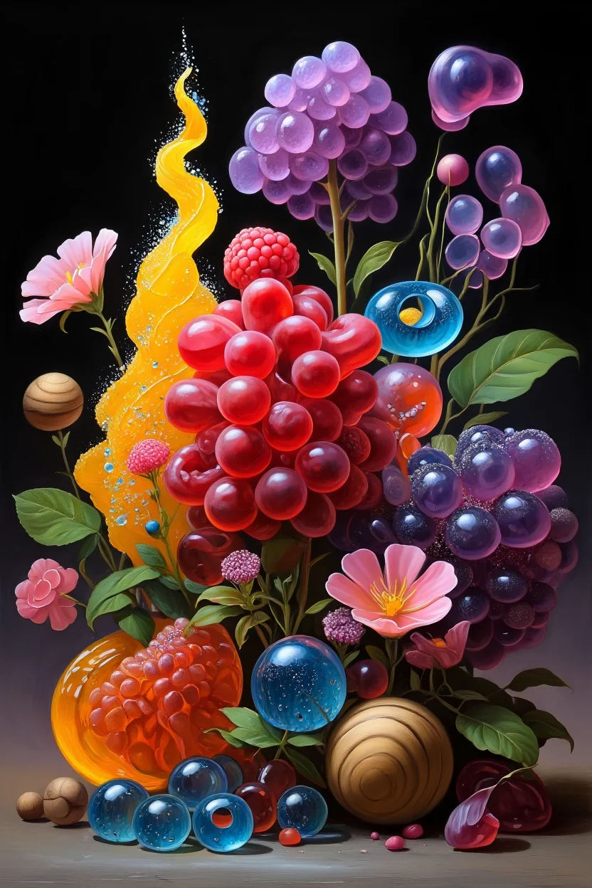 A surrealistic painting depicts a fantastical candy garden against a deep black background. The composition features vibrant, glossy candy-like structures arranged in a balanced composition with artificial front lighting that highlights their translucent, reflective surfaces. A bright red raspberry-like cluster with multiple rounded protrusions occupies the center. A yellow sugar-coated formation with sparkling crystals rises on the left side. Purple bubble clusters resembling grape gummies float on the right. Blue translucent candy rings with hollow centers are scattered throughout. Delicate pink flower-shaped candies dot the scene. Realistic green leaves create an interesting juxtaposition between the botanical and the artificial. Tan spherical objects with striated surfaces resembling wooden balls or coconut shells provide visual anchoring points throughout the lower portion of the image. The saturated color palette creates dramatic contrast against the dark void background. Hyper-realistic painting with dramatic front lighting and deep shadows on black background.