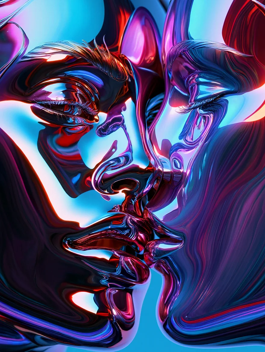 A striking 3D digital artwork showcasing two abstract chrome-metallic faces, their features elongated and surreal, intertwined in an intricate dance against a backdrop of swirling nebulae. The metallic surfaces exhibit a mesmerizing, liquid mercury effect, refracting the cosmic colors with stunning realism. The artwork emphasizes fluid, organic forms, contrasted against the sharp, cold beauty of polished metal.