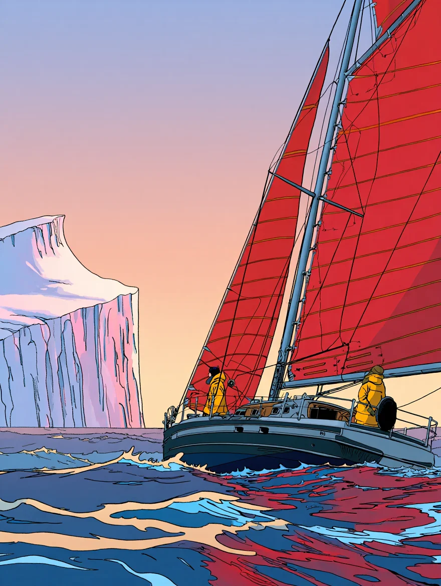 A sleek sailboat with striking red sails battles through a churning Arctic ocean at sunset, its reflection fragmented in the choppy water.  Towering above the sailboat, a colossal iceberg, tinged pink by the setting sun, dwarfs the vessel.  Two figures in bright yellow parkas struggle with the rigging on the deck, while another huddles in the hatchway. French comic book style, like Tin Tin with bright saturated colors and clear, thin linework.