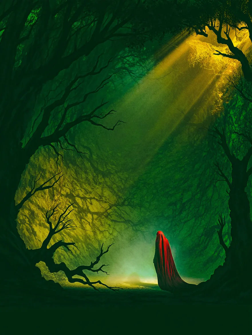 A lone figure, shrouded in a crimson cloak, stands at the edge of a moonlit clearing in a dense, ancient forest. The figure's face is hidden in shadow, but their body language exudes unease as they are bathed in an ethereal glow emanating from the clearing's center. Gnarled, skeletal branches reach out from towering trees, their leaves a mix of deep green and sickly yellow, casting long, menacing shadows across the forest floor. A single, golden ray of moonlight pierces the oppressive canopy, illuminating swirling mist and dust particles. The scene evokes a sense of foreboding and otherworldly dread, rendered with the heavy grain and saturated colors of a vintage 1970s horror film poster.