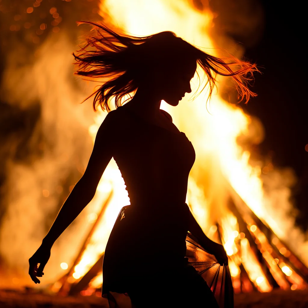 A lone figure dances with wild abandon amidst a raging bonfire, its flames licking the night sky. The dancer's silhouette, a whirlwind of motion against the intense orange glow, is captured in sharp focus against the blurred background of crackling fire and swirling smoke. High-contrast night photography with dramatic backlighting.