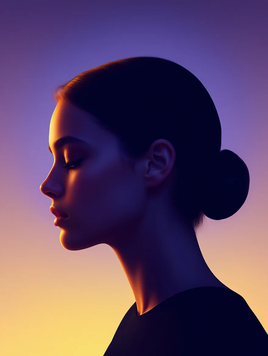 A captivating digital artwork depicting a feminine profile silhouette facing left, her features outlined by the soft glow of dawn against a serene gradient of indigo, violet, and warm gold.  The close-up composition emphasizes her graceful silhouette, bathed in the ethereal, otherworldly light of the approaching sunrise.