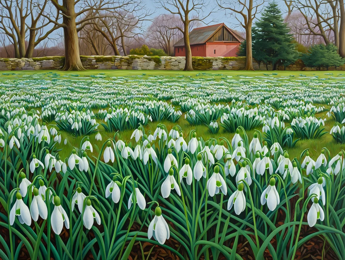 A serene spring landscape painting depicting a vast meadow densely carpeted with thousands of white snowdrop flowers in full bloom. The snowdrops create a delicate pattern across the vibrant green grass, their distinctive drooping bell-shaped white flowers standing out against the fresh spring growth. In the background, a weathered limestone wall runs horizontally across the scene, partially covered with moss and lichen. Behind the wall stands a collection of bare deciduous trees with intricate branching patterns, indicating early spring before leaves have emerged. A red-roofed barn or farmhouse with a peaked roof is visible in the middle distance, nestled among the trees. Several evergreen trees appear on the right side of the background, adding contrast to the leafless deciduous trees. The scene is captured in a wide shot from a slightly elevated angle with natural, even daylight illuminating the entire landscape. The painting employs a naturalistic style with careful attention to botanical detail while maintaining a soft, impressionistic quality in how the masses of flowers are rendered across the field. Oil painting technique with realistic botanical detail in a natural light wide-angle view from above.