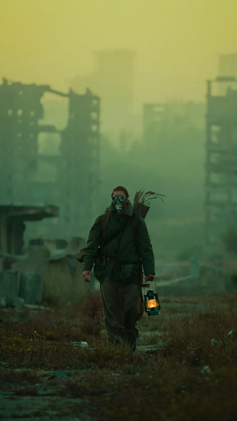 A lone wanderer in tattered clothing and a re-purposed gas mask traverses a desolate, overgrown cityscape. The figure carries a salvaged backpack and holds a flickering oil lamp, casting long shadows through the crumbling concrete ruins.  A dense, green fog hangs in the air, obscuring the decaying skyscrapers in the distance. The scene is dominated by muted greens and browns, with a sickly yellow sky barely visible through the haze.  Low-angle, cinematic photography with a 16:9 aspect ratio, utilizing a grainy film stock aesthetic, deep shadows, and muted color grading.
