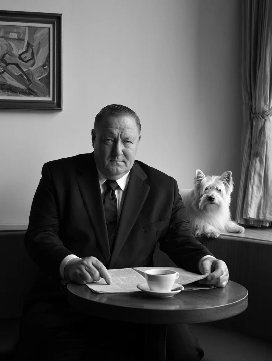 A black-and-white vintage photograph of a plump, older, distinguished man with a serious expression, dressed in a formal black suit and tie, sitting at a round wooden table. He is reading a newspaper with a cup of tea or coffee placed in front of him. A white westie dog with perked ears sits behind him on the booth-like seating, as if also looking directly at the newspaper with a curious expression. The setting is an intimate, softly lit indoor space with a plain wall in the background, a framed abstract painting on the left, and a partially visible curtain on the right. The composition has a classic, mid-20th-century cinematic feel, with a balanced arrangement of subjects and objects. Black and white portrait photography with soft indoor lighting and film grain texture.