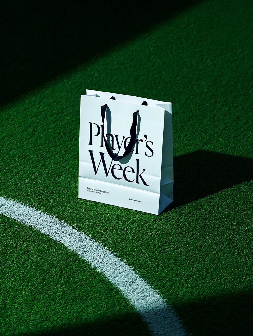 A professional product photograph of a "Player's Week" shopping bag centered on a grass tennis court with a white curved line marking. The white paper shopping bag features large graphic design text saying "Player's Week" in thin black serif typography. The image is shot from a slightly overhead angle with artificial side lighting that creates dramatic shadows across the grass court surface, emphasizing the three-dimensional form of the bag. The cool color palette creates strong contrast between the deep green grass and the white and black elements of the shopping bag, giving the photograph a contemporary commercial aesthetic.