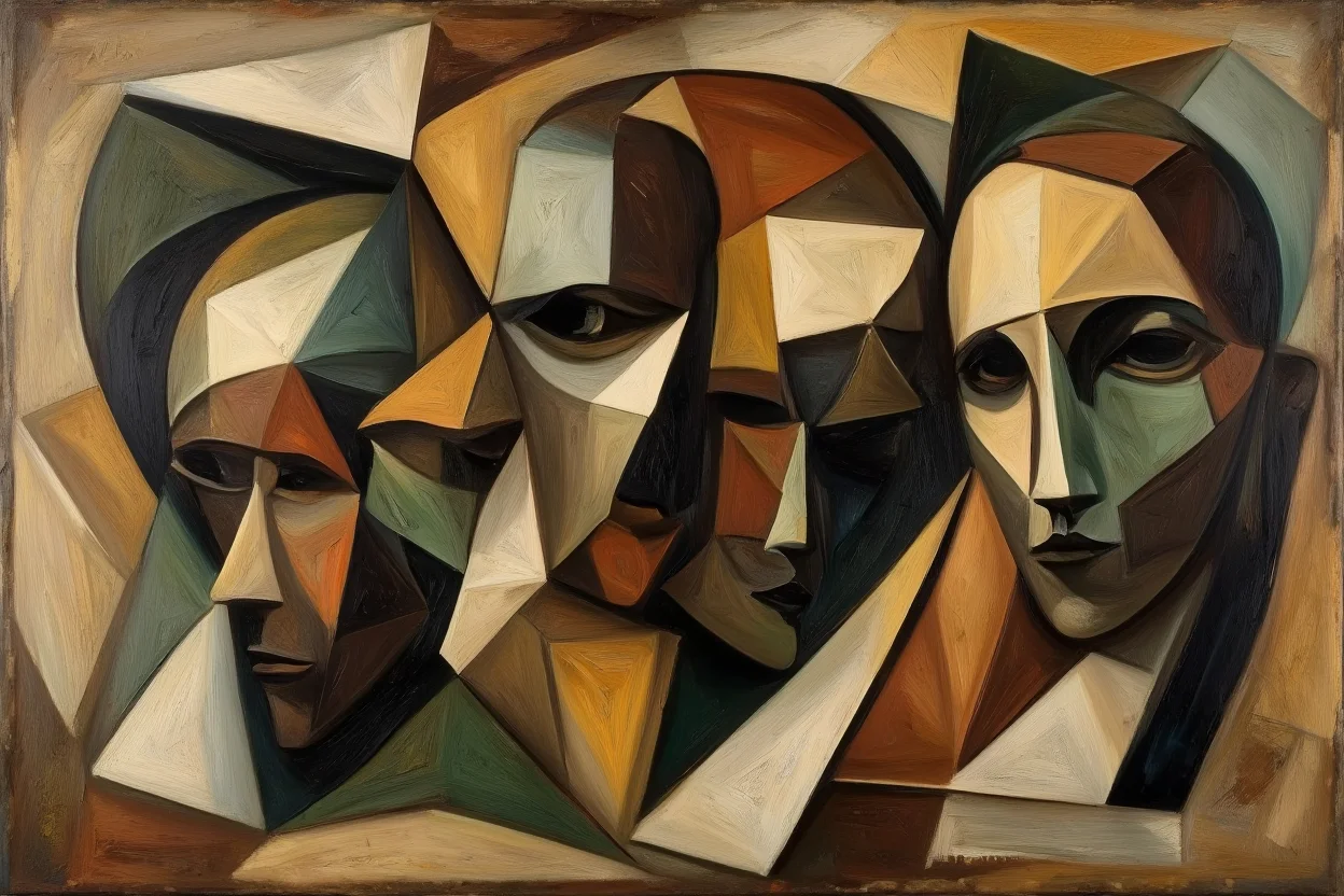 A cubist-style painting depicts several bronze braques displayed against a fragmented geometric background of angular shapes and intersecting planes. The braques are shown from multiple viewpoints simultaneously, with their curved surfaces broken down into a series of overlapping polygons and shapes in muted earth tones of brown, green, and ochre. The composition features sharp angles and mechanical forms characteristic of analytical cubism, with the surfaces of the braques divided into geometric facets that create a complex spatial arrangement. Oil painting with sharp geometric forms and fractured planes with visible brushstrokes and heavy canvas texture in the style of early 20th century cubism. Flat lighting with heavy visible oil brushstrokes and canvas texture visible.