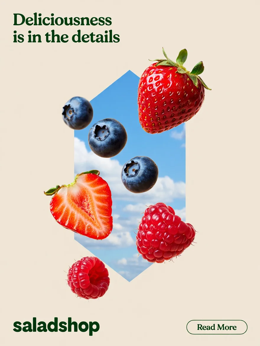 A sophisticated food advertisement featuring fresh blueberries, strawberries, and raspberries floating against a cream-colored background with a hexagonal window showing a blue sky with white clouds. The fruit are photographed in high detail, displaying their vibrant natural colors, fresh appearance, and unique textures, while casting distinct shadows that enhance their three-dimensional appearance. The modern graphic design combines photographic elements with minimalist aesthetics. Dark green serif text at the top left reads "Deliciousness is in the details" while the brand name "saladshop" appears in bold, lowercase sans-serif at the bottom left. A "Read More" call-to-action button is positioned at the bottom right. The balanced composition employs natural side lighting, creating a fresh, premium presentation that emphasizes the quality of the featured fruit. Commercial product photography with soft side lighting and sharp focus on floating objects against a minimal background.