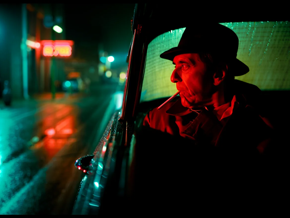 A gritty street corner in the pouring rain, captured through the windshield of a parked car. Inside, Al Pacino in profile, illuminated by the red glow of a streetlight,  wears a trench coat and fedora, a lit cigarette dangling from his lips. The reflection of the city's neon signs paints the wet asphalt in teal and orange hues, creating a cinematic neo-noir atmosphere.