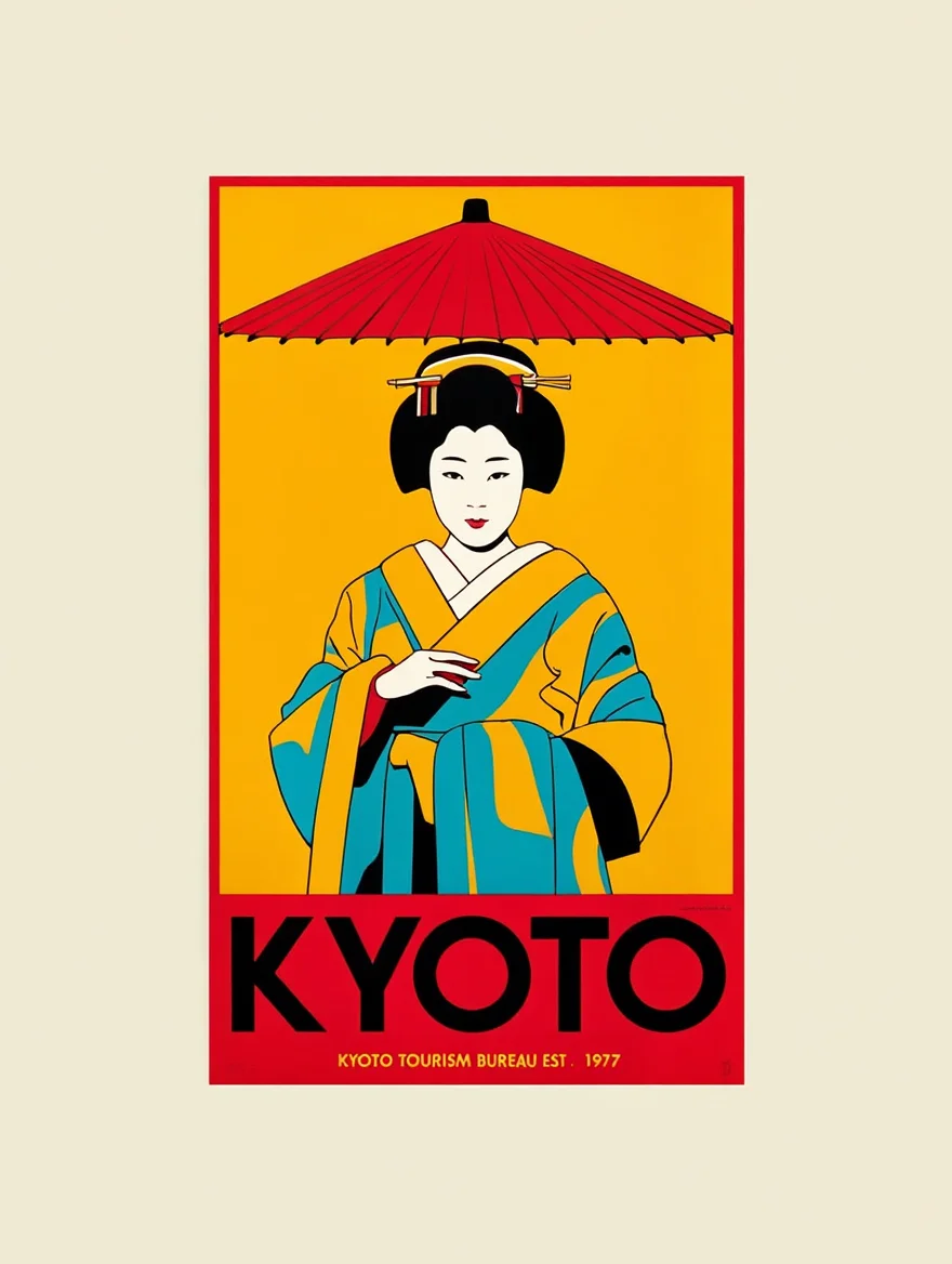 A vintage-style Japanese tourism poster for Kyoto created in 1969, featuring a minimalist illustration of a geisha holding a red umbrella against a golden yellow background. The poster includes the text "KYOTO" in bold black English letters, and "KYOTO TOURISM BUREAU EST. 1977" at the bottom. The composition is enclosed within a red frame on an off-white background, characteristic of the bold, graphic design style of late 1970s Japan.